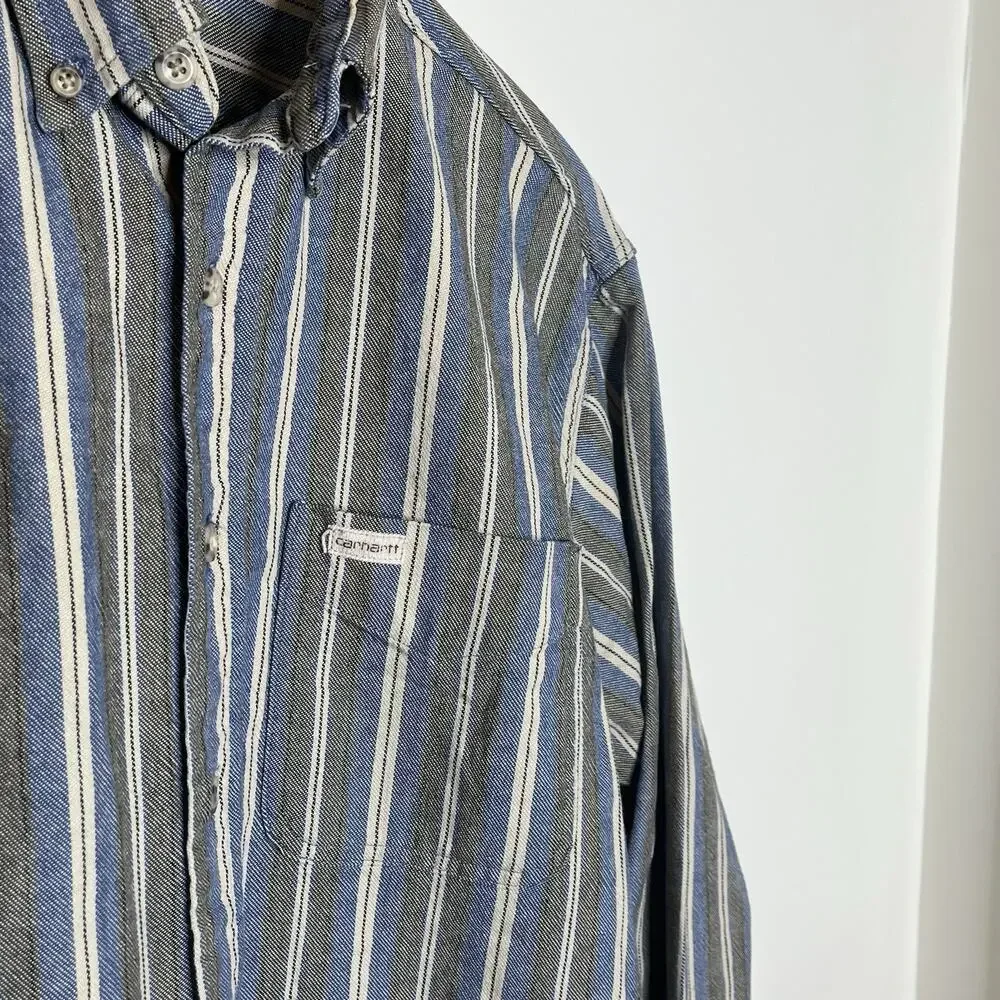 Carhartt Vintage Mens Striped Shirt Size L Work Chore Engineer Twill Button up
